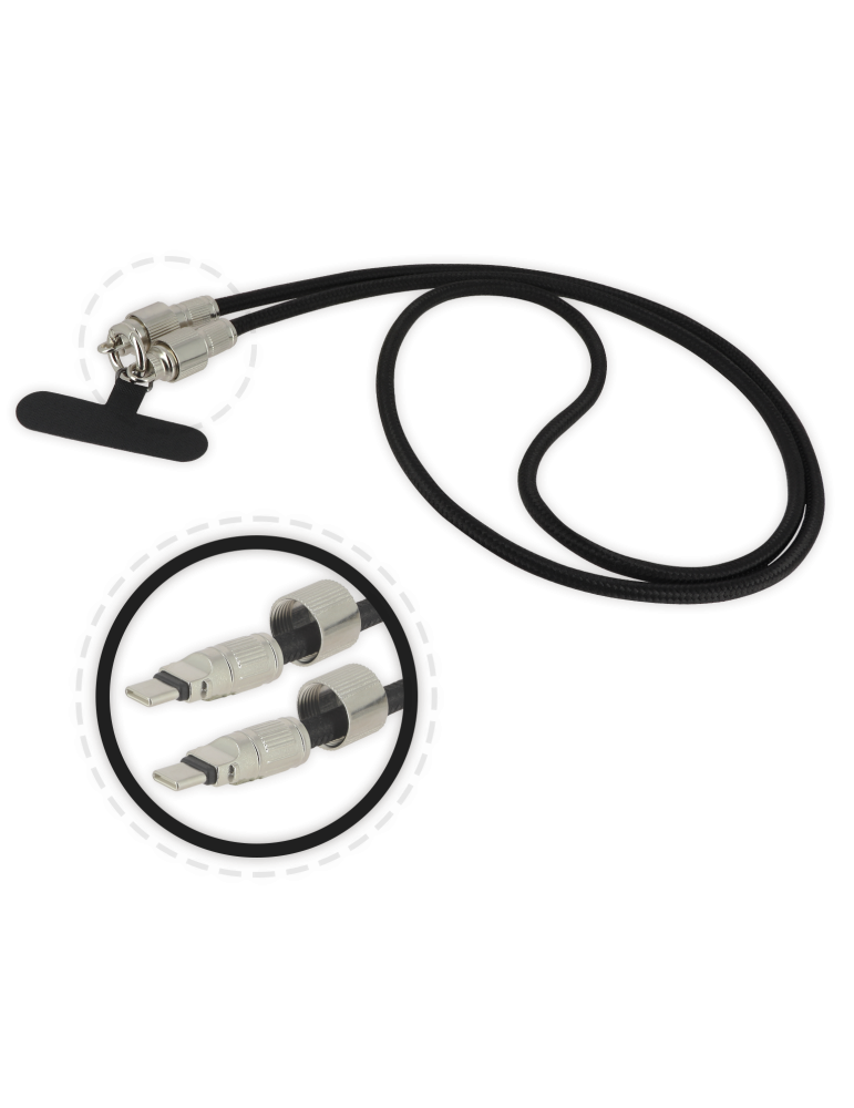 Bandoulière pour Smartphone avec Cordon USB-C Intégré Noire 1m20