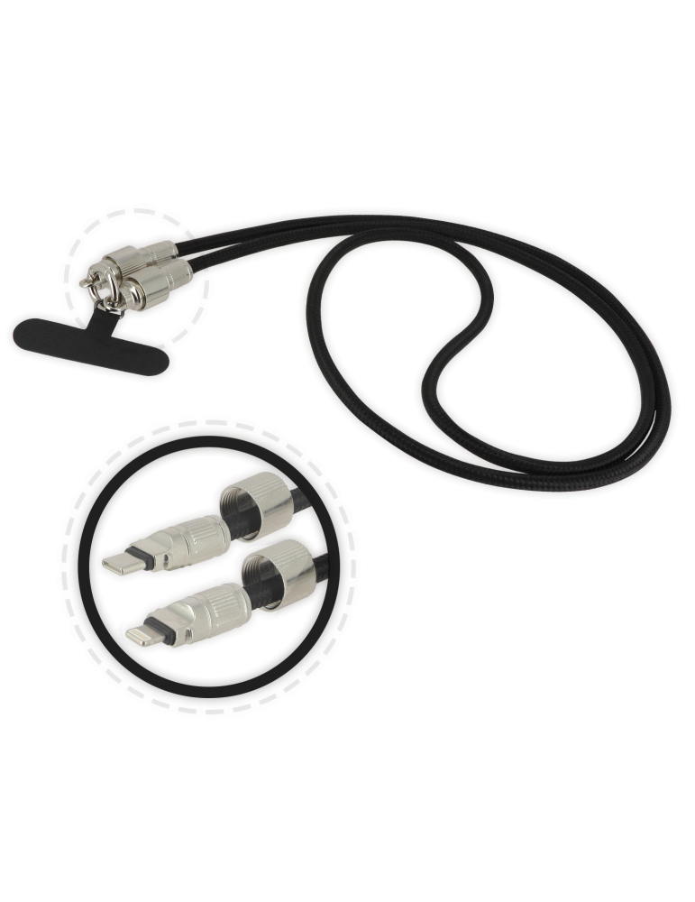 Bandoulière pour smartphone Noire avec cordon USB-C / Lightning intégré - 1m20