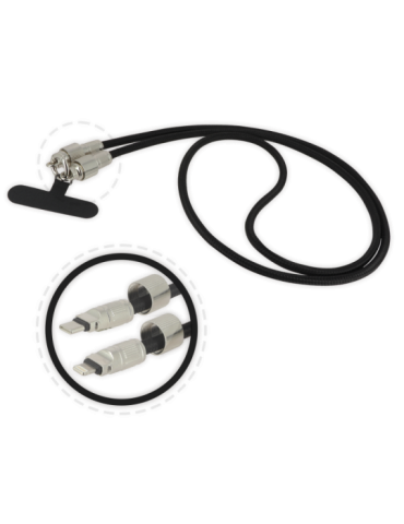 Bandoulière pour smartphone Noire avec cordon USB-C / Lightning intégré - 1m20