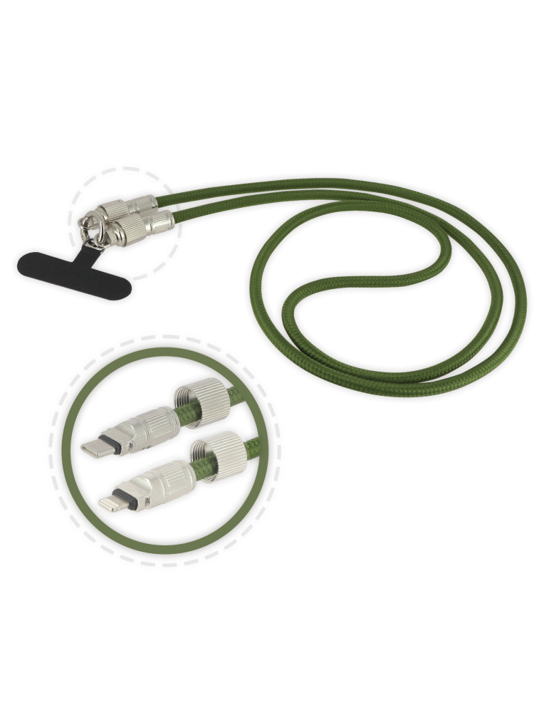 Bandoulière pour smartphone Verte avec cordon USB-C / Lightning intégré - 1m20