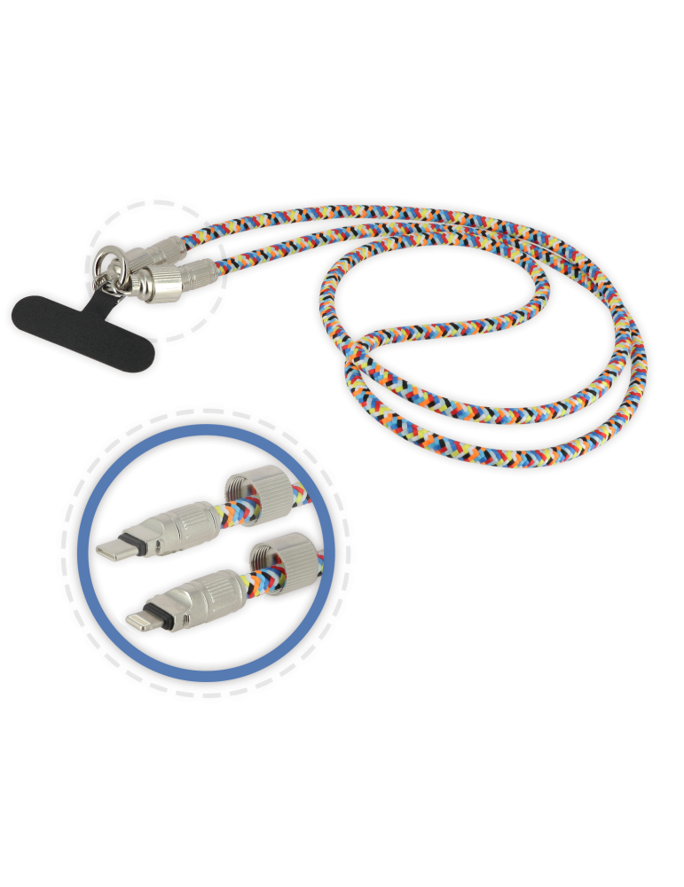 Bandoulière pour smartphone multi-couleur avec cordon USB-C / Lightning intégré - 1m20