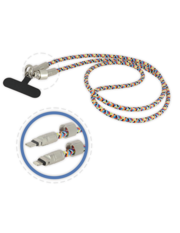 Bandoulière pour smartphone multi-couleur avec cordon USB-C / Lightning intégré - 1m20
