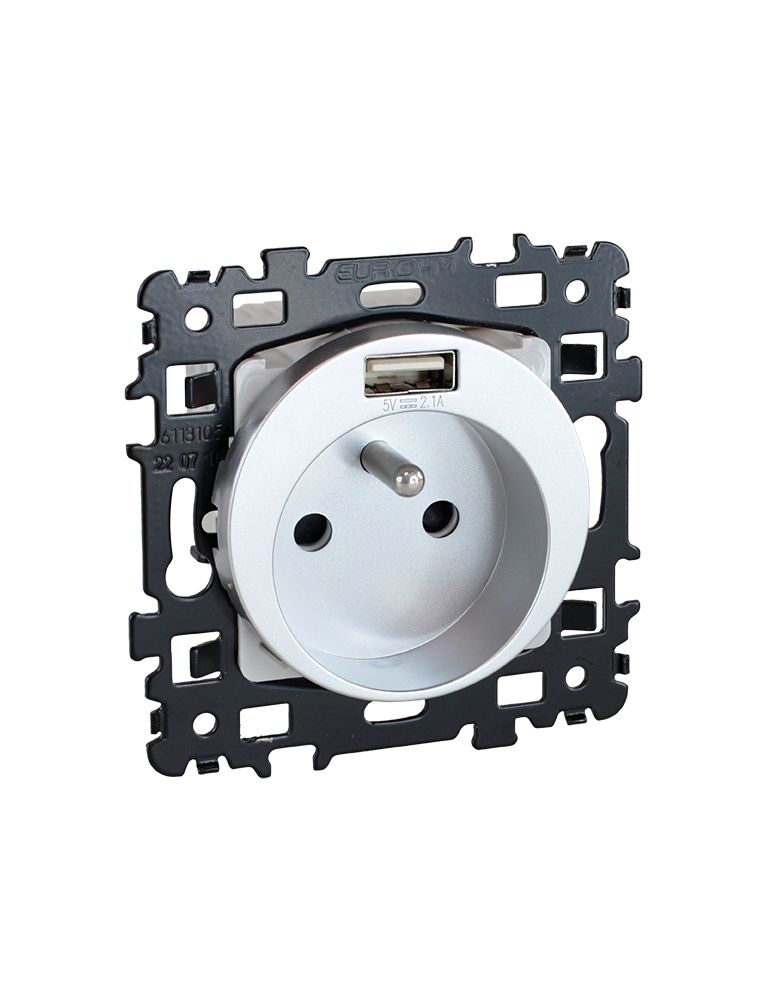 SQUARE Prise 2P+T + USB A SILVER